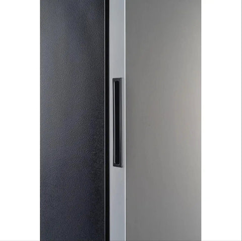 Close-up of Six Point Five Cubic Foot Garage Ready Convertible Refrigerator Freezer with black and silver finish.