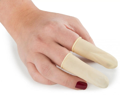 Latex Finger Cots Large Pack Of 144 For Hands On Protection And Grip, Disposable Finger Covers on fingers showing fit and usage