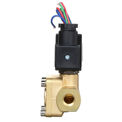 Side view of Brass One Quarter Inch Electric Solenoid Valve Built Tough For Water Air Oil, 110 Volt AC Normally Closed, Viton Seal, FNPT