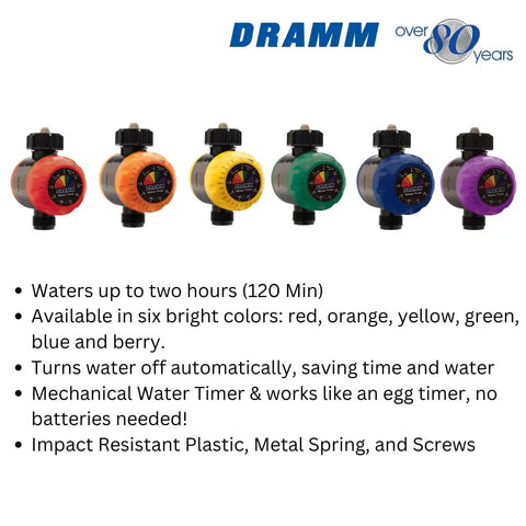 Battery Free Mechanical Hose Timer With Auto Shutoff Up To 120 Minutes, compact green water timer and other colors displayed.