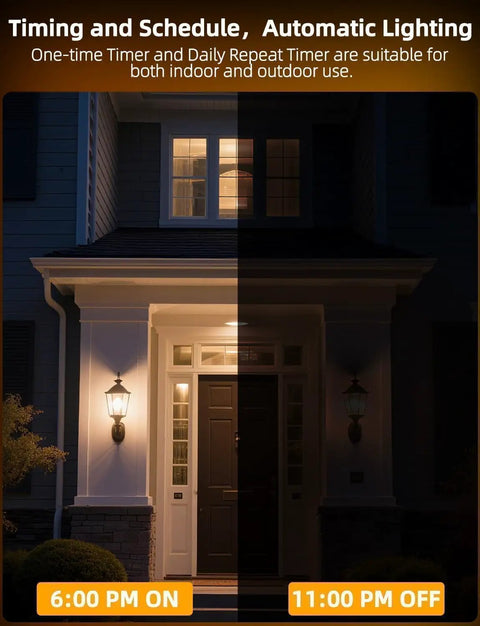 Image of house exterior with lights on and off demonstrating Color Changing E12 LED Bulbs with Remote Plug In 270 Degree Beam RGB.