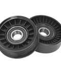Ultimate 2 Piece Drive Belt Idler Pulley Set For Your Ride, black rubber pulleys designed for smooth alternator operation.