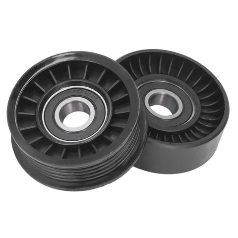 Ultimate 2 Piece Drive Belt Idler Pulley Set For Your Ride, black rubber pulleys designed for smooth alternator operation.