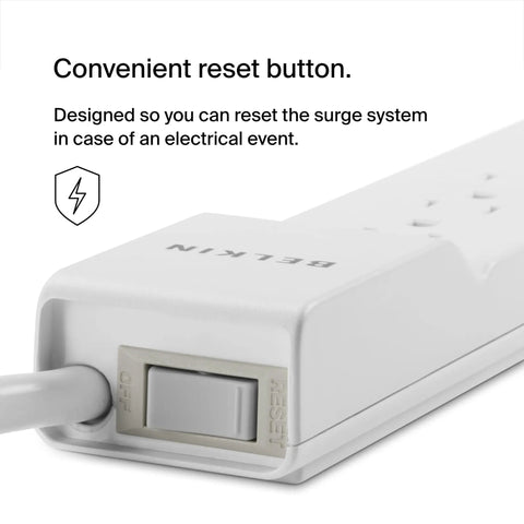Close-up of reset button on Six Outlet Surge Protector Power Strip With Flat Rotating Plug And Six Foot Cord For Your Home Office Setup, 1080 Joules, White, Desk Friendly For All Your Gadgets, Pack Of Six