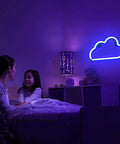 Mother and daughter in bedroom with blue cloud neon sign on wall, soft glow creating relaxing atmosphere, focus on family time.
