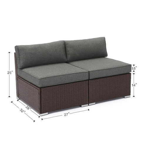 2-Piece Add-On Armless Chairs To Expand Chocolate Brown Wicker Sectional Sofa Set With Dark Grey Cushions Outdoor Patio Garden Poolside Comfort