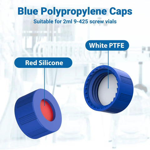 Blue polypropylene caps with red silicone and white PTFE for Pro Move 2ML Amber Glass Autosampler Vials With 9-425 Screw Top Caps