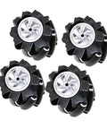 Four omni-directional wheels with black rubber tires and silver metal hubs.