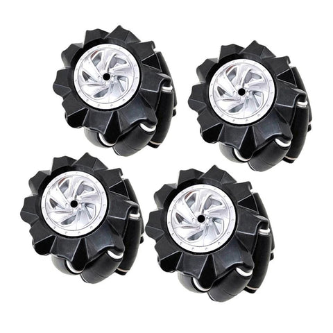 Four omni-directional wheels with black rubber tires and silver metal hubs.