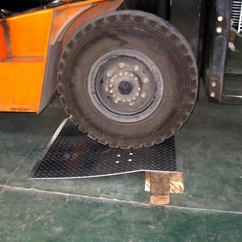 Top Shelf 48 Inch Aluminum Dock Plate 4000 Lb Heavy Duty Loading Ramp With Handles under forklift tire for heavy transport.