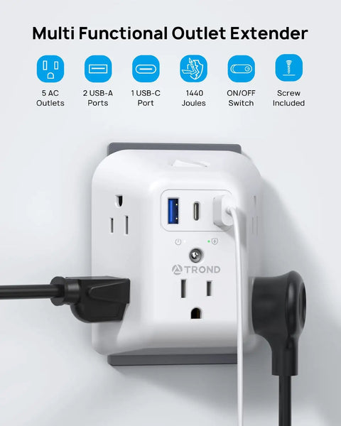 5 Outlet USB Wall Plug Extender With USB C Port And 1440J Surge Protector On Off Switch 3 Sided Wall Plug Adapter