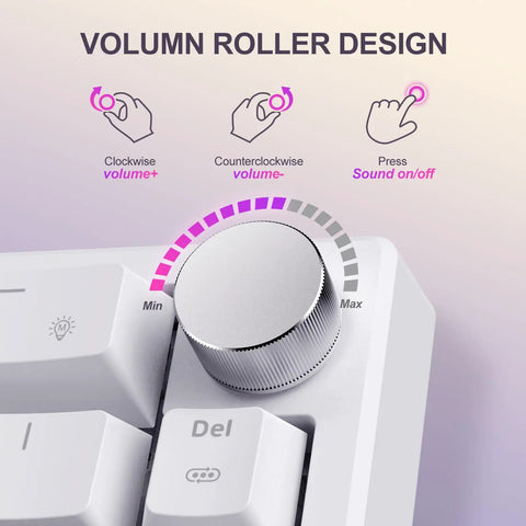 Compact 60 Percent Tactical Mechanical Gaming Keyboard Featuring Slick Cnc Aluminum Volume Knob and Snappy Wired Connection For Tight Desk Layouts and Game Changer Typing Flex showing volume roller design and controls.