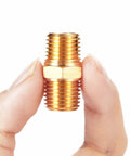 Close-up of a Set Of 4 Beefed Up Solid Brass Hex Nipple Pipe Fittings One Quarter Inch NPT Male To One Quarter Inch NPT Male O D One Half Inch