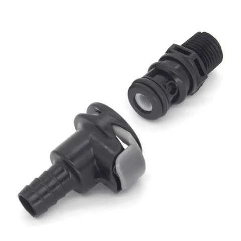 Two black Sprayless Marine Fuel Connector for Boat Gas Tank Universal Male to Female Quick Connect Fittings in plastic material