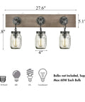 Farmhouse Style 3-Light Mason Jar Wall Sconce With Wood Base And Glass Shades For Indoor Bathroom Vanity Lighting dimensions