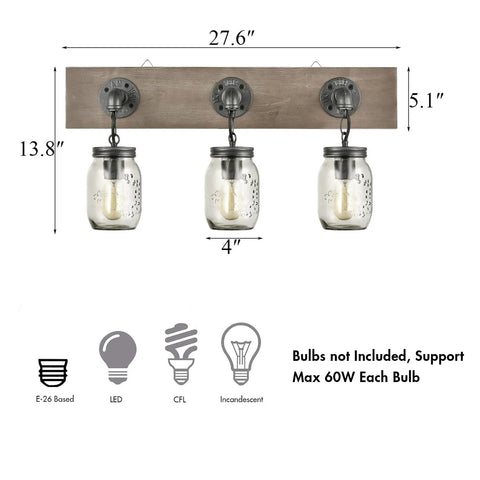 Farmhouse Style 3-Light Mason Jar Wall Sconce With Wood Base And Glass Shades For Indoor Bathroom Vanity Lighting dimensions