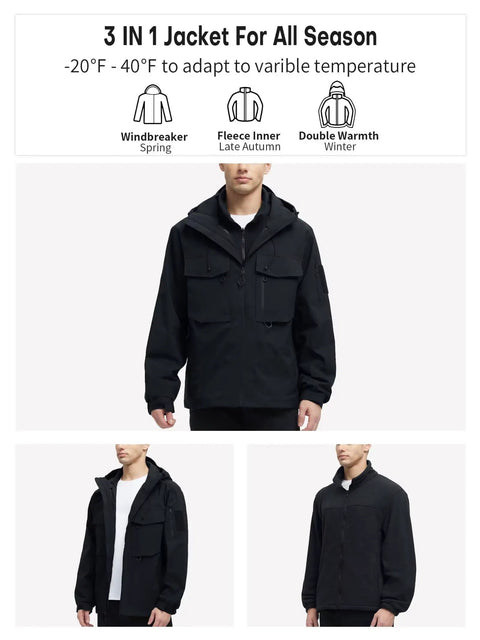 3 In 1 Waterproof Winter Ski Jacket For Men With Fleece Liner Hood Black XL Built To Handle Rain Snow And Cold Detachable Hood