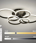 Dimmable 99W Modern LED Ceiling Light With Remote Control Six Ring Circle Design in black finish showing cool to warm tones.