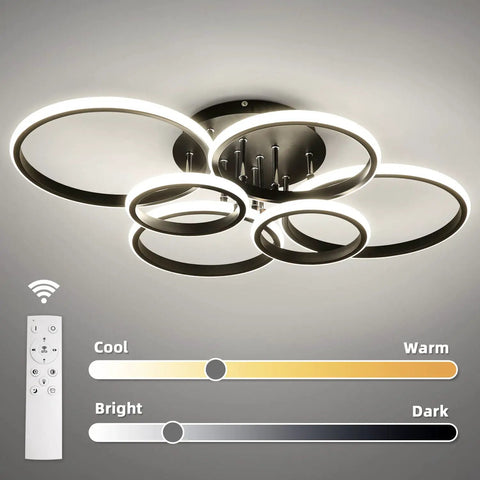 Dimmable 99W Modern LED Ceiling Light With Remote Control Six Ring Circle Design in black finish showing cool to warm tones.