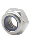 Close-up of a single 100 Pcs M3 Lock Nuts Nylon Insert Nylock Self Locking 304 Stainless Steel Fastener, showing thread and nylon insert.