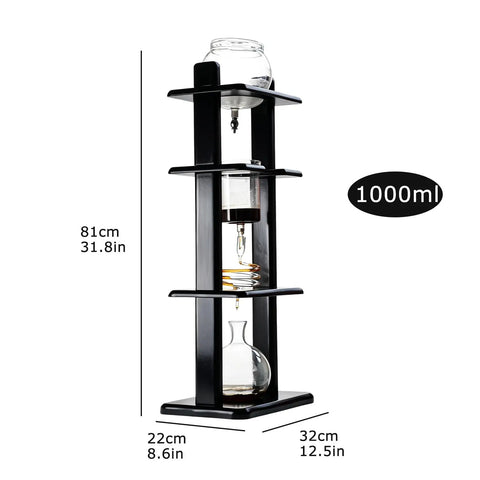 Large Capacity Cold Brew Coffee Maker Tower With 1000ml Vertical Glass Carafe And Solid Wood Stand, 81cm tall design.