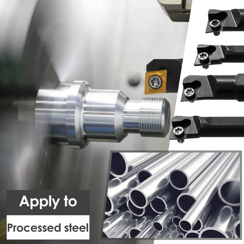 Front view of 14-piece metal lathe tool set with carbide inserts and 4 holders; 6–10 mm shanks.