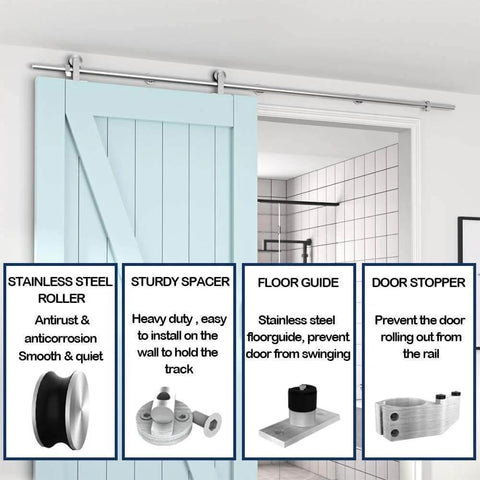 6 Foot Top Mount Stainless Steel Sliding Barn Door Hardware Track Kit for 30 to 36 Inch Single Doors Heavy Duty Anti Rust and Quiet Smooth Sliding Easy Install.