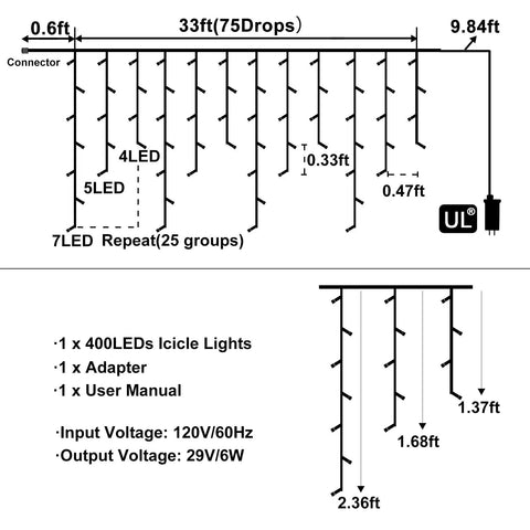 Diagram of Green Outdoor Icicle Christmas Lights 33ft 400 LED With Connectable Clear Wire 8 Modes Timer Waterproof Plug In