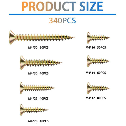 M4 Wood Screws Assortment Kit 340 Pcs With 7 Lengths 12mm 14mm 16mm 20mm 25mm 30mm 50mm Phillips Flat Head Yellow Zinc Plated