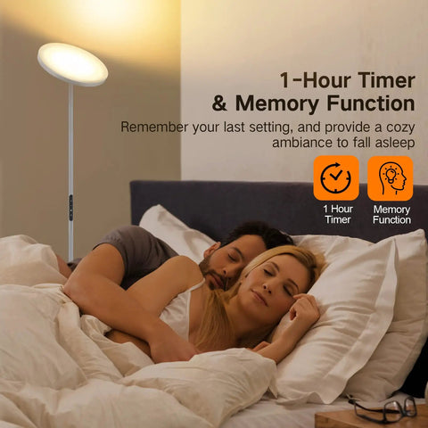 Couple asleep with silver grey tall floor lamp with 30W LED torchiere sky light, featuring dimmable brightness and timer function.