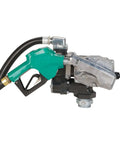 Workhorse 25 Gpm Fuel Transfer Pump With Auto Shutoff Nozzle, featuring green handle, black pump body, and attached hose.