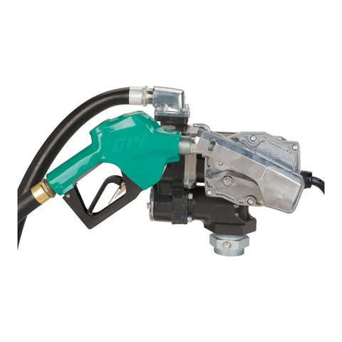 Workhorse 25 Gpm Fuel Transfer Pump With Auto Shutoff Nozzle, featuring green handle, black pump body, and attached hose.