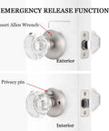 Front and back view of Crystal Glass Interior Door Knobs With Privacy Lock For Bathroom And Bedroom, Satin Nickel Finish
