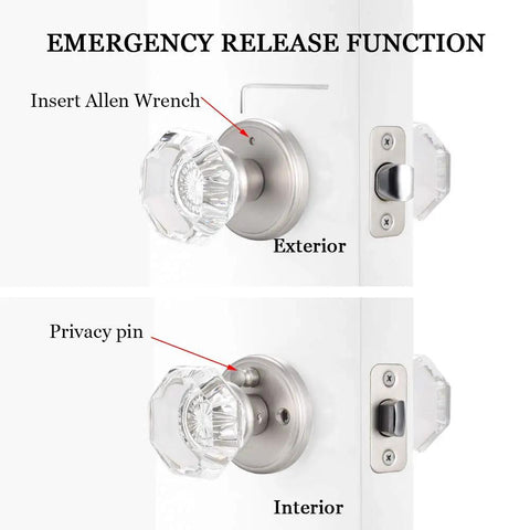 Front and back view of Crystal Glass Interior Door Knobs With Privacy Lock For Bathroom And Bedroom, Satin Nickel Finish
