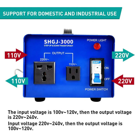 Front view of Beefy 3000W Voltage Transformer And Power Converter Step Up And Step Down 110V To 220V with outlets
