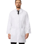 Go-To White Lab Coat For Men Button Front Long Sleeve Doctor Coat With Three Pockets Breathable 65/35 Polyester Cotton Blend Relaxed Fit Available In XS To 4XL Size S, worn by a man in a professional setting.