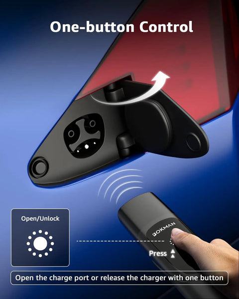 One-button control feature for Tesla Charger Level One And Two 16 Amps. Easy access to charge port shown.