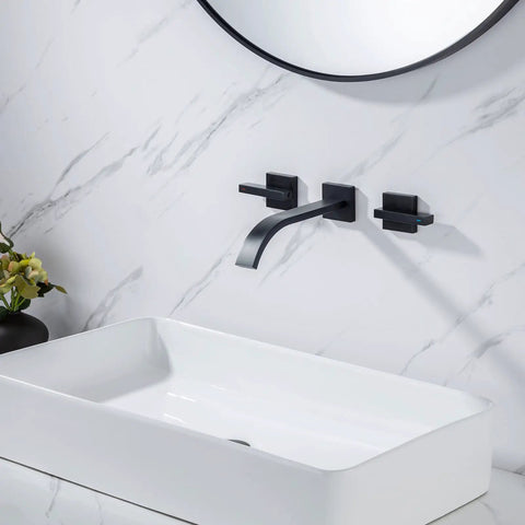 Matte Black Solid Brass Wall Mount Bathroom Faucet With Dual Lever Handles 8 Inch Center Wall Mounted Sink Faucet