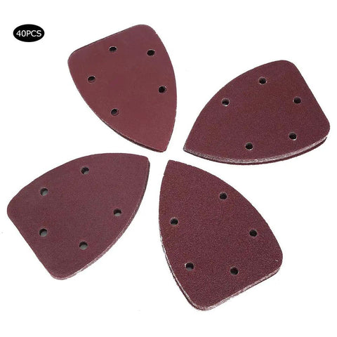 Premium 40-Piece Triangle Sandpaper Set Made From Molten Zirconium Corundum for fast metal and wood polishing cutting with high performance smooth finish in 140 by 90 mm size, showing four triangular sandpaper pieces.