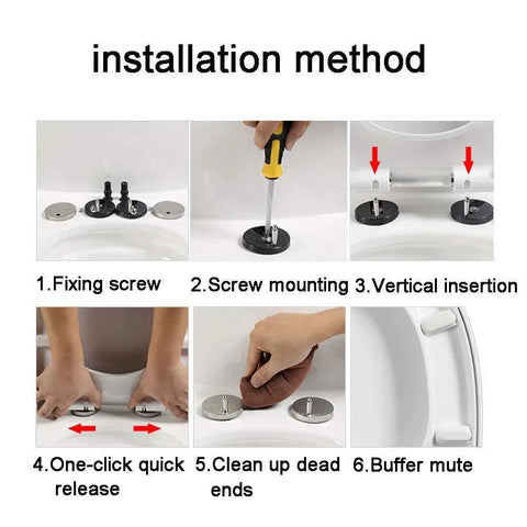 Installation method for Heavy Hitter Duroplast Toilet Seat With Soft Close Quick Release Hinges shown in six steps.