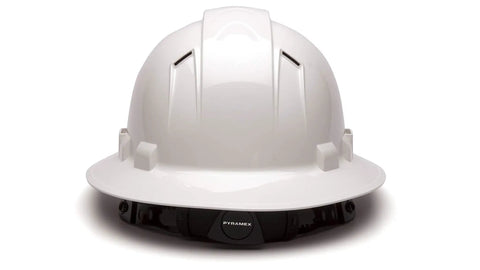 Front view of Ridgeline Full Brim Hard Hat With 4 Point Ratchet Fit Ultra Lightweight ABS Safety Helmet Ventilated White