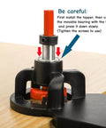 Side view of Concealed Hinge Jig With 35mm Hole Punch And Quick Clamp on wood, showing installation process with instructions.