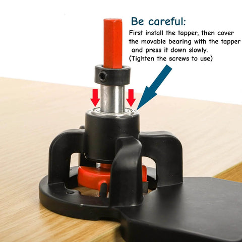 Side view of Concealed Hinge Jig With 35mm Hole Punch And Quick Clamp on wood, showing installation process with instructions.