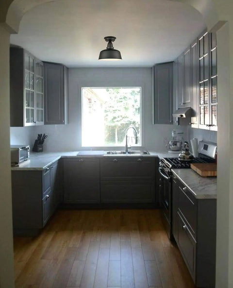 Farmhouse Matte Black Ceiling Light Fixture Rustic Barn Industrial Semi Flush Mount For Kitchen Dining Room Hallway Porch Foyer Entryway Laundry Corridor Easy Install illuminating a modern kitchen.