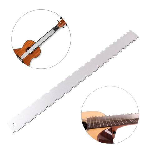 Pro Grade Complete Guitar Maintenance Kit with notched straight edge shown on guitar necks.