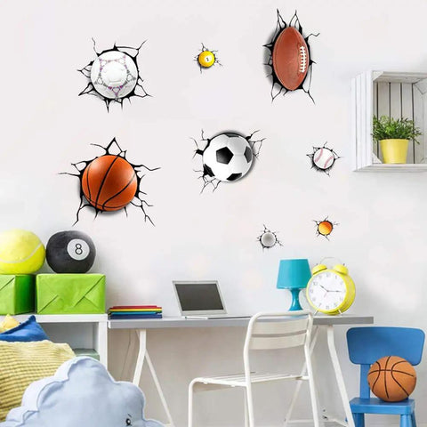 3D Dope Sport Ball Wall Stickers Break Through Kit For Basketball, Football, Rugby, Baseball DIY Sports Decor in kids playroom
