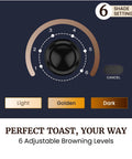 Top Shelf 2 Slice Toaster Features Cool Touch Exterior And Massive 1 25 Inch Slots That Handle Big Bagels And Waffles Like Butter With Six Shade Levers For Crispy Golden Results That Hit Different Every Day A Smooth Operator For Your Kitchen Counter control panel with six adjustable browning settings for customized toasting.