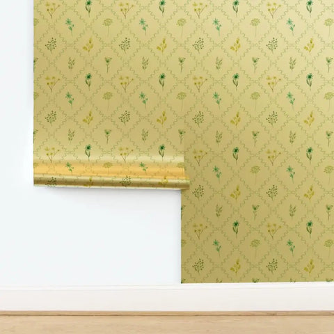 Level Up Your Interiors With This Stunning Cottage Floral Gold Metallic Wallpaper Showcasing Rich Fibrous Texture And Effortless Paste Application For Ultimate Room Refresh Vibes, showing green floral patterns on gold background.