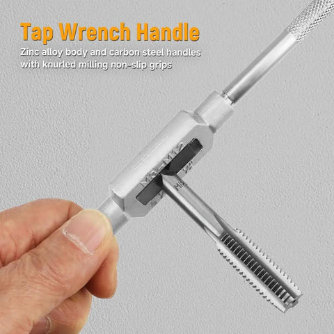 Close-up of adjustable tap wrench handle, zinc alloy and carbon steel, from 8-Piece Tap Set With Adjustable Tap Wrench 1/16-1/2 Inch