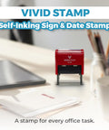 Smooth Operator Sign And Date Self Inking Rubber Stamp With Crisp Red Ink Medium Size on office desk for signing tasks.